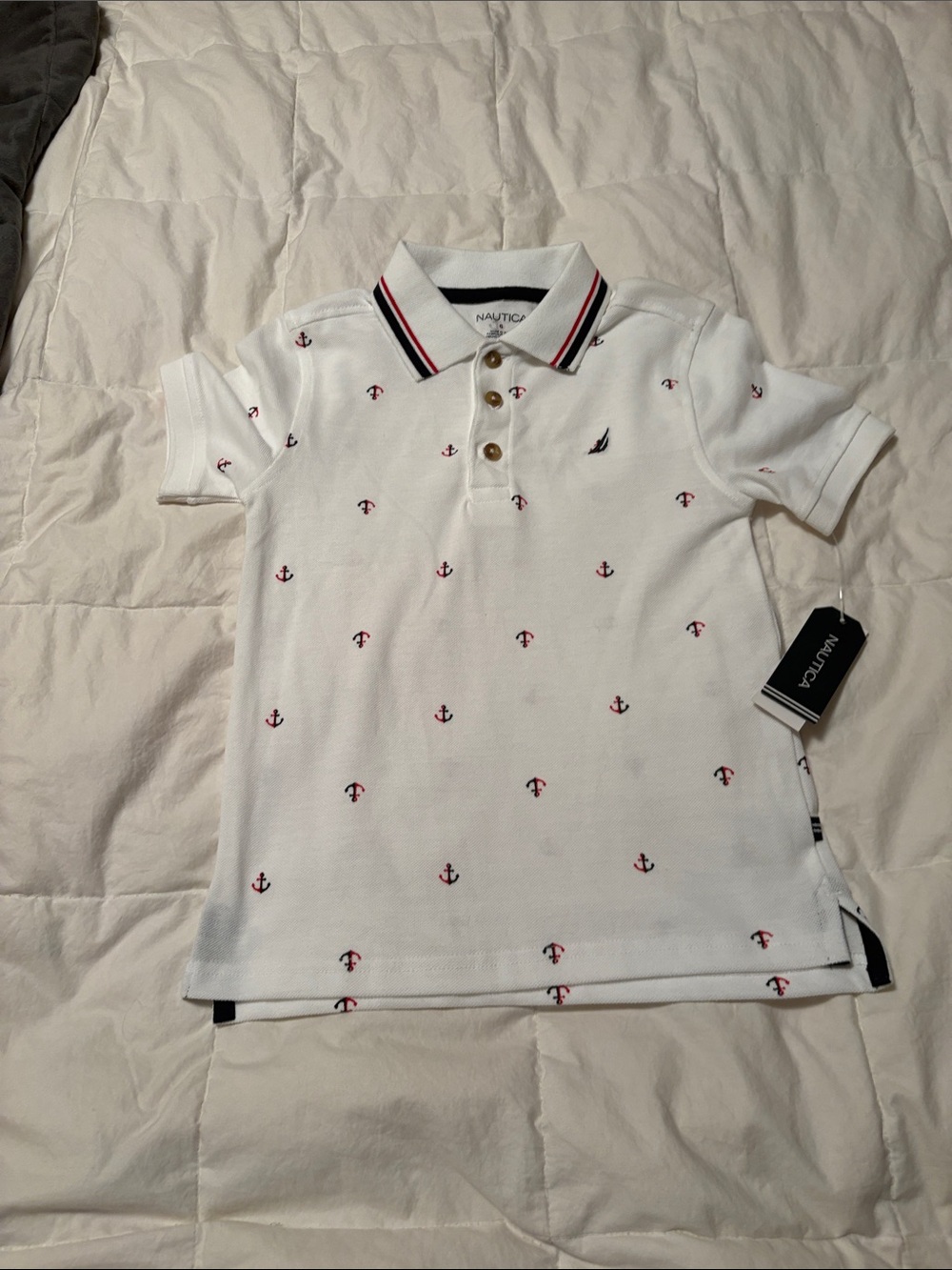 Nautica White Polo with Red Anchor Embroidery and Navy Trim
